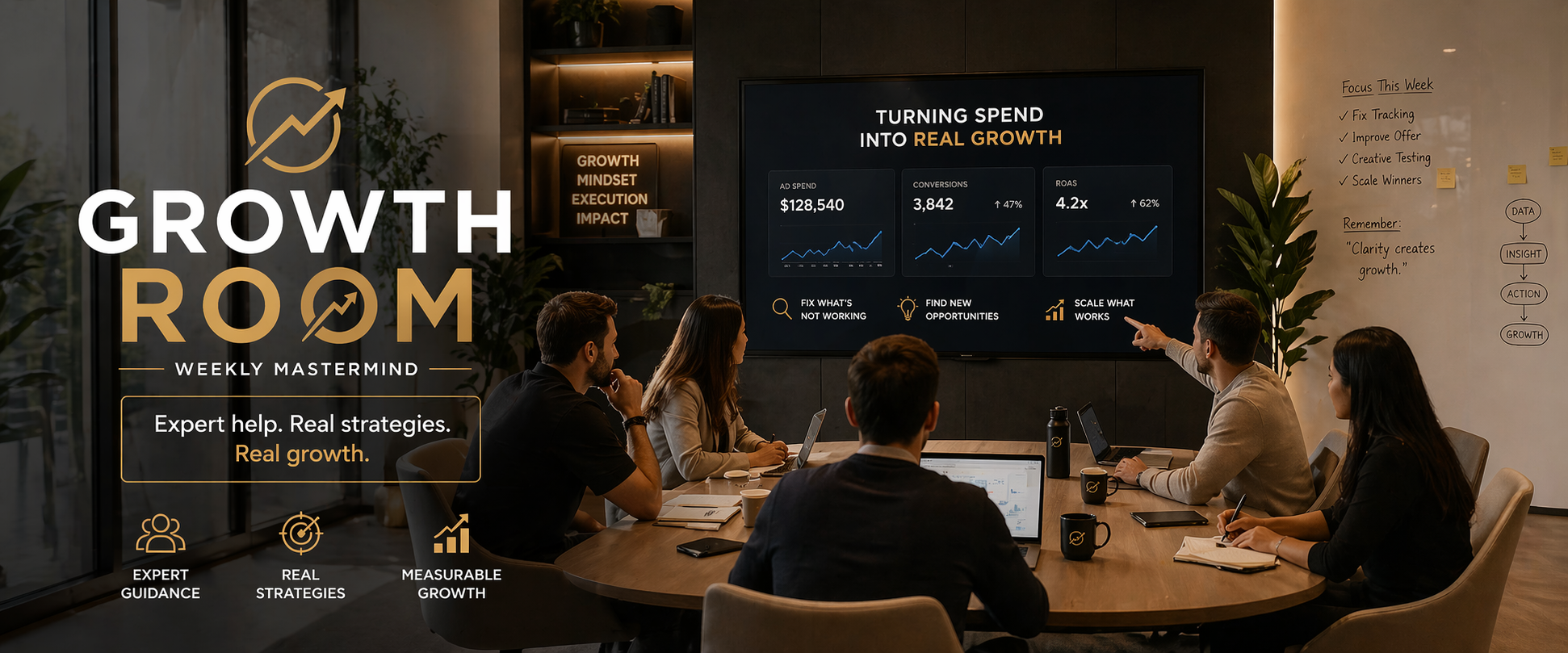 Growth Room weekly mastermind session — turning spend into real growth